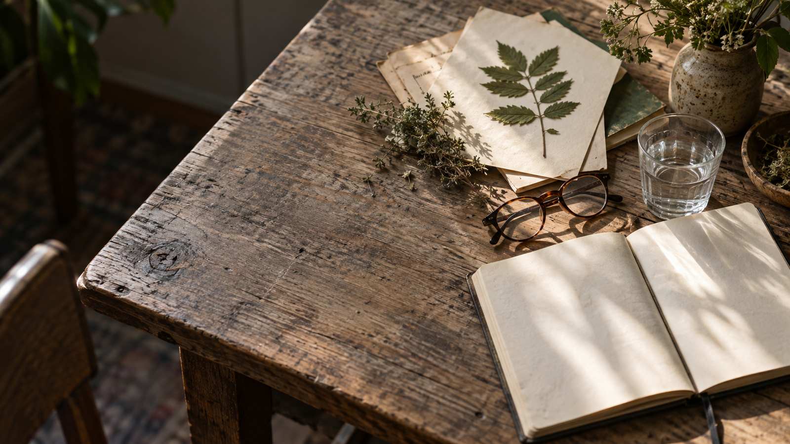 Pressed botanicals and a blank wellness journal on a sunlit desk